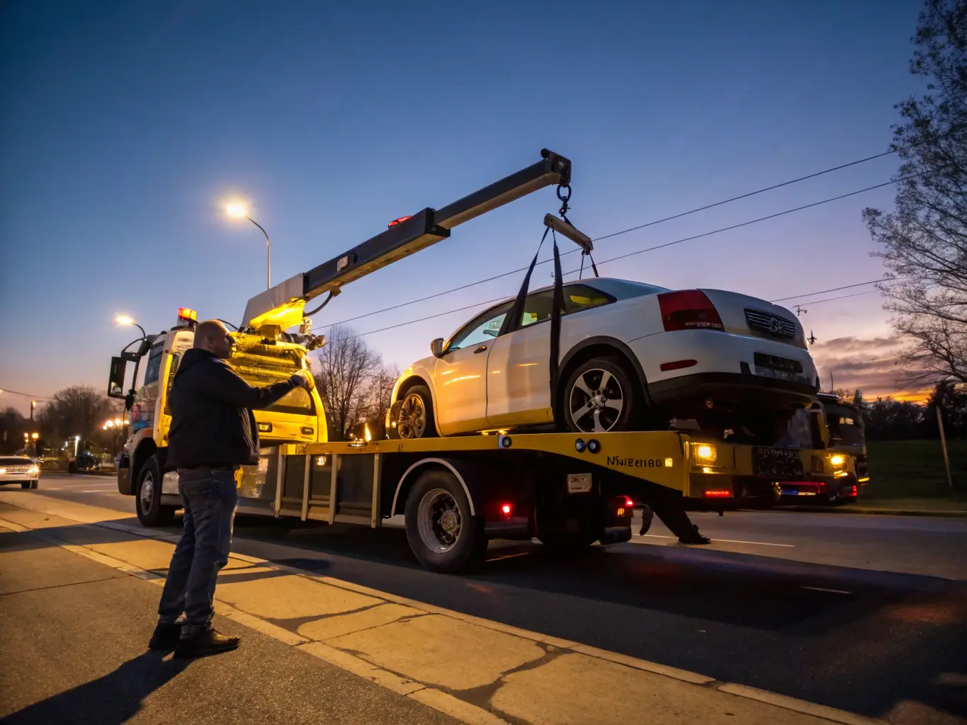 A tow truck lifting a sedan onto its flatbed on a sunny highway, showcasing RRecovery's towing service.
