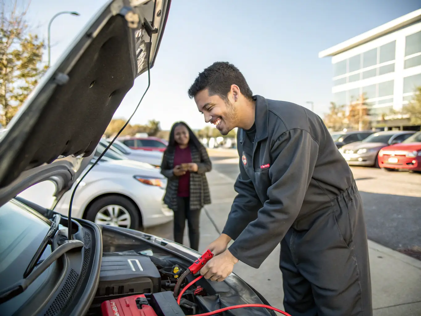 A mechanic jump-starting a car battery in a parking lot, illustrating RRecovery's breakdown support service.